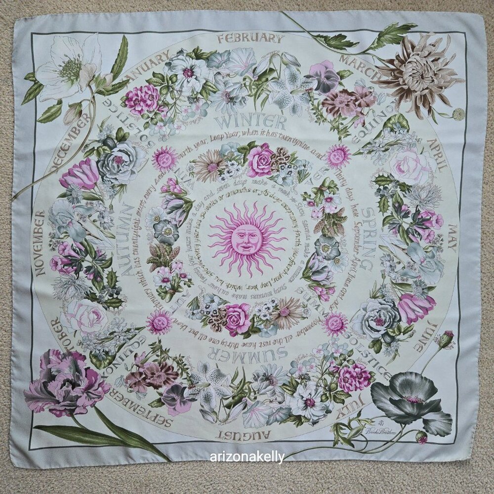 Brooks Brothers Silk Scarf Four Seasons of Flowers Purple Grey - Picture 2 of 16